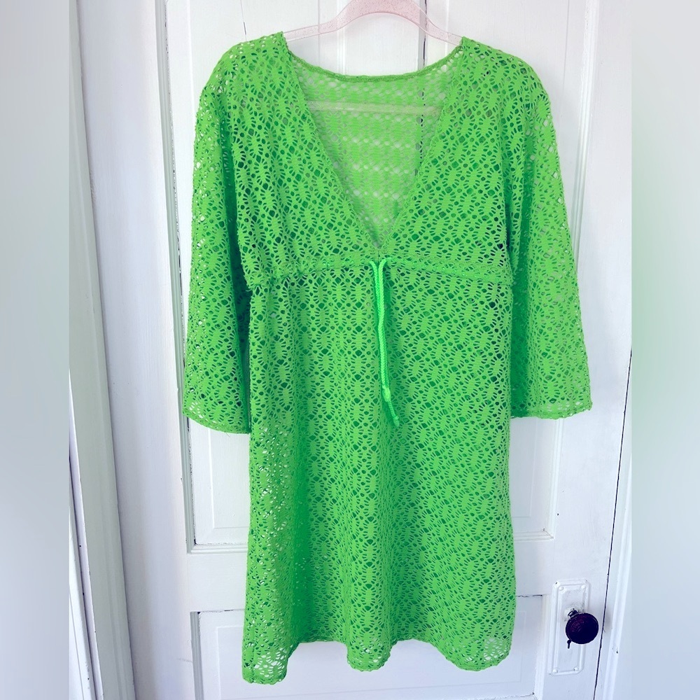 60’s Style Lime Green Crochet Swim Cover-Up / Lace Dress